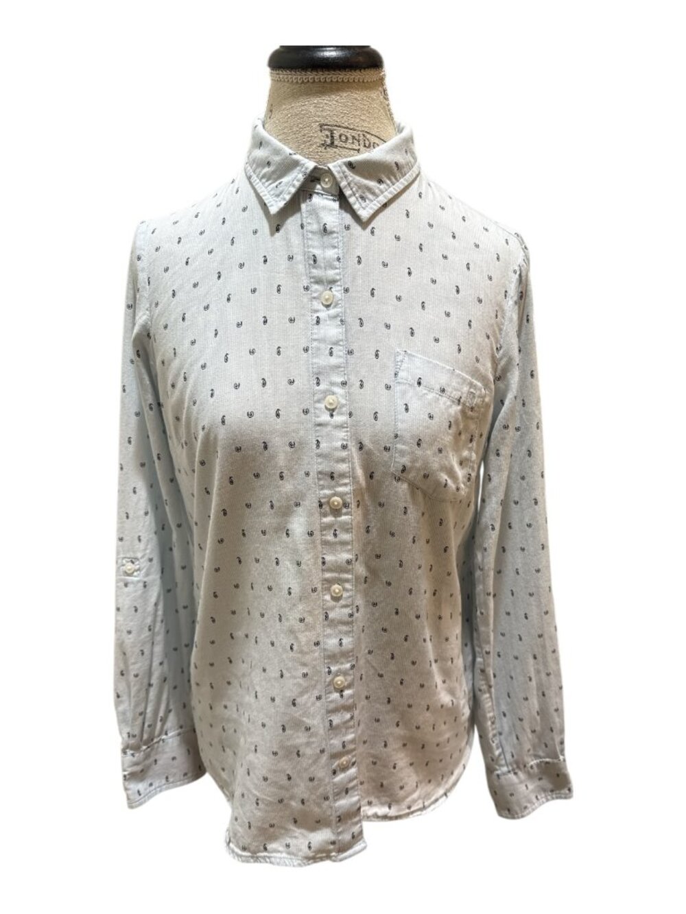Tommy Hilfiger Sz S Black & Cream Tiny Paisley Print Button-Up Long Slv Blouse